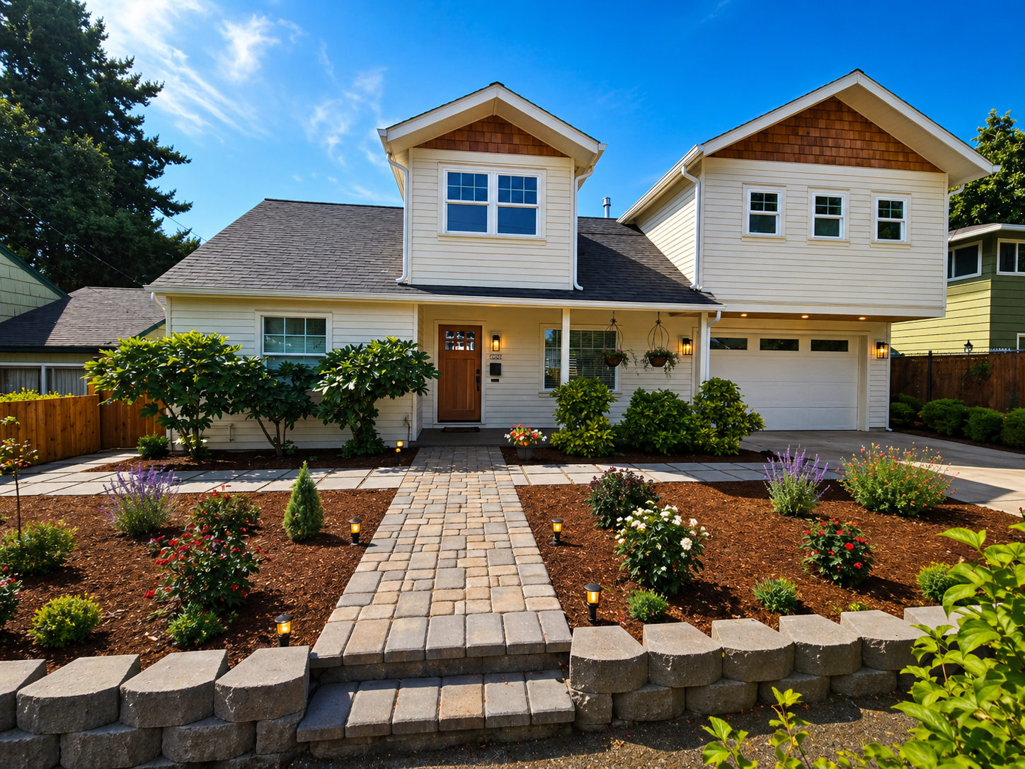 Two-story home addition exterior with covered front porch and paver walkway