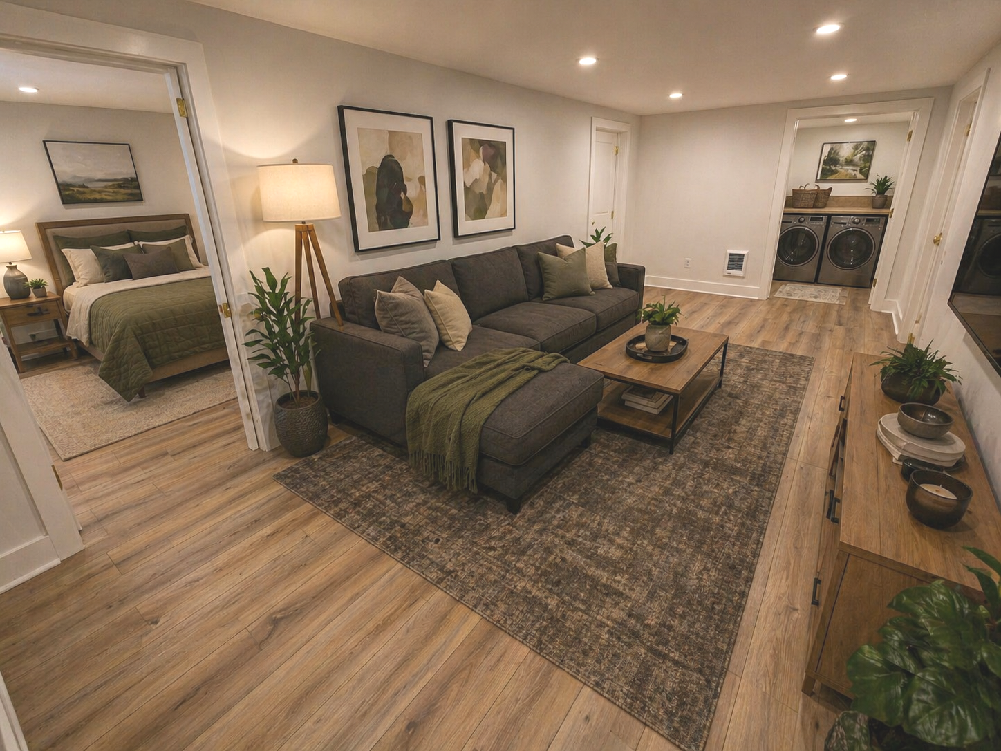Finished basement remodel with living area, bedroom, and laundry room